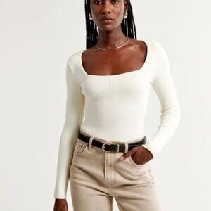 Abercrombie & Fitch Cream Long-Sleeve Ottoman Squareneck Bodysuit